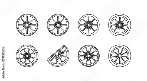 Collection of eight sliced oranges in a silhouette style