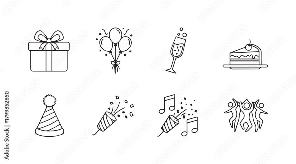 Fototapeta premium Collection of festive party celebration icons in a simple line art silhouette style