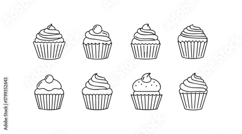 Eight hand drawn cupcake illustrations in a simple silhouette style