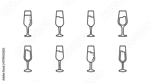 Collection of elegant champagne flutes with bubbles silhouette