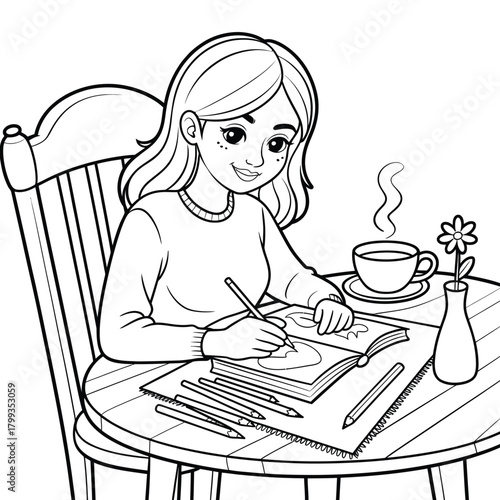 Young woman artist drawing in a sketchbook with pencils and coffee on a table Vector