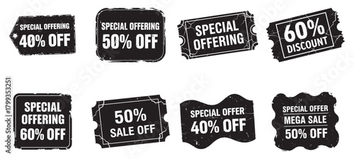 Dynamic sale tags and labels offering percentage discounts and special deals grunge style