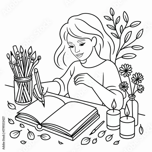 Young woman drawing in a sketchbook with art supplies and natural elements nearby Vector