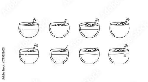 Collection of eight hand drawn beverage glasses with straws silhouette