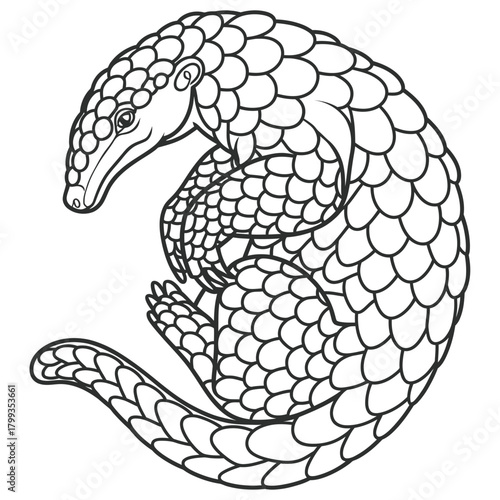 Pangolin curled up in defensive position, detailed line art illustration. Vector