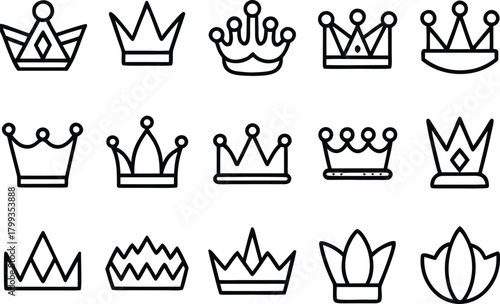 Collection of vector crown icons for royalty and leadership themes