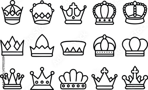 Collection of line art crowns representing royalty, power, and monarchy