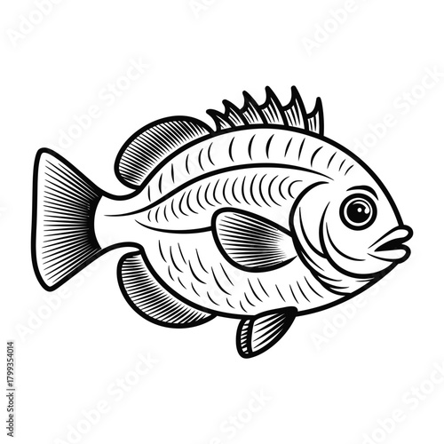 Fish line art illustration, simple monochrome aquatic animal drawing vector Vector