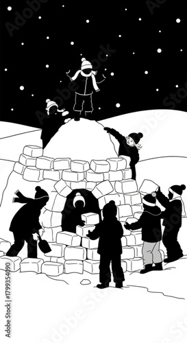 Children and a dog building a snow igloo together at night.