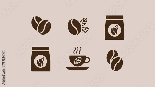 Coffee bean, steaming cup, and bag icon set. cafe vector design elements. Vector