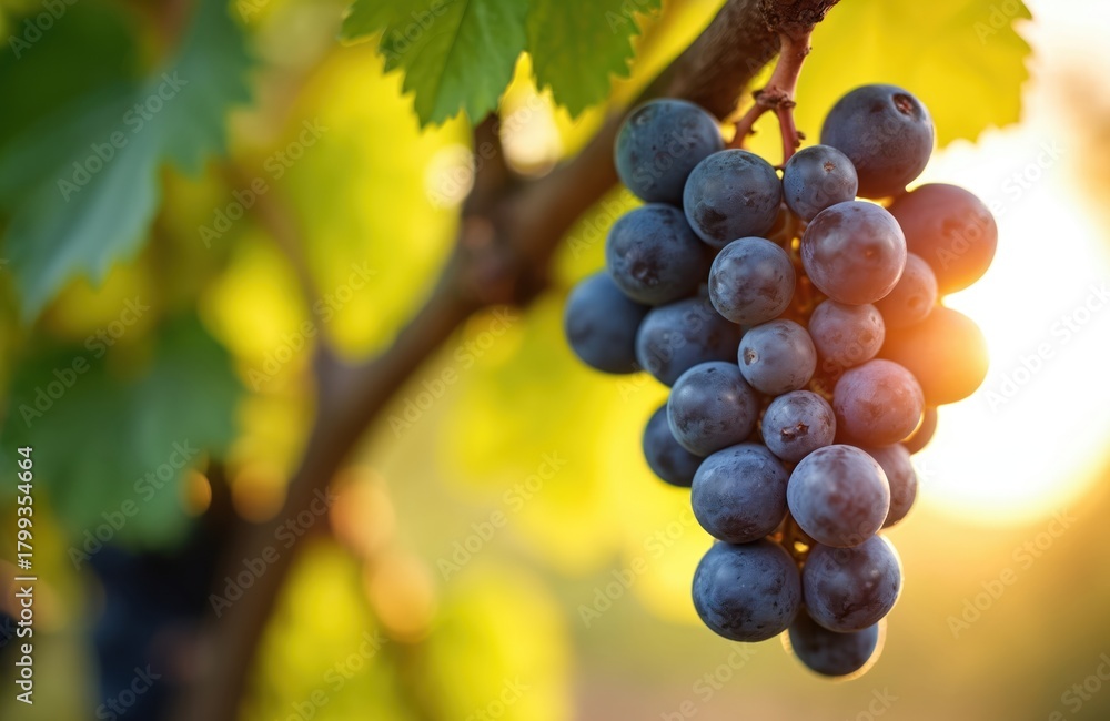Fototapeta premium Close up photo of ripe grapes on vine in vineyard. Bunch of dark grapes fruit with green leaves. Sunlight shines through the foliage. Agriculture concept.