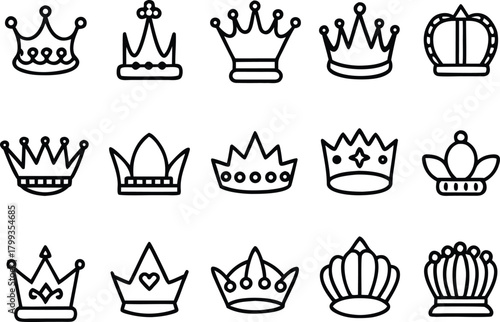 Collection of diverse crown icons for royalty, power, and achievement