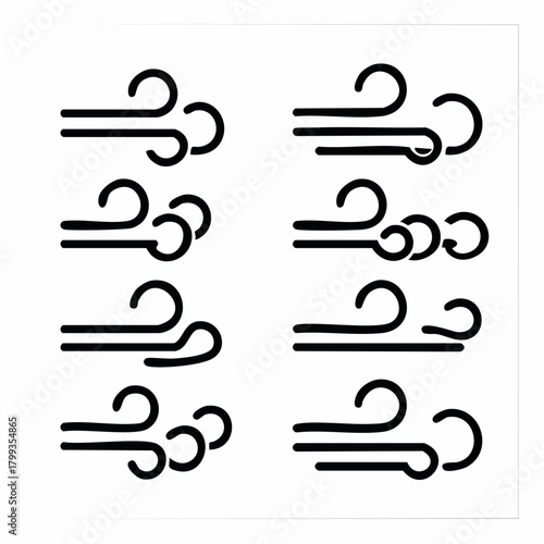 A collection of stylized wind icons showing air blowing, a simple vector set for weather and climate concepts