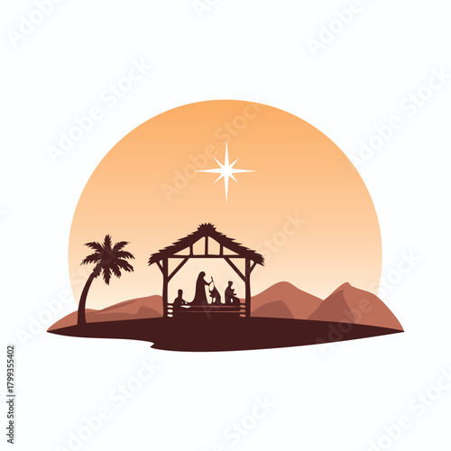 Christian nativity scene silhouette with the Holy Family in a manger.