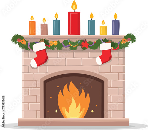 Cozy brick fireplace decorated for Christmas with candles and stockings.