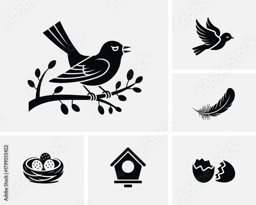 Bird and nature icon set with flying bird, nest, feather, birdhouse, egg Vector