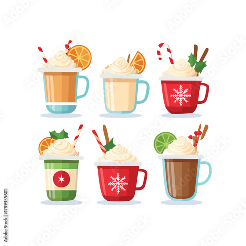 Set of festive Christmas hot drinks in colorful mugs.