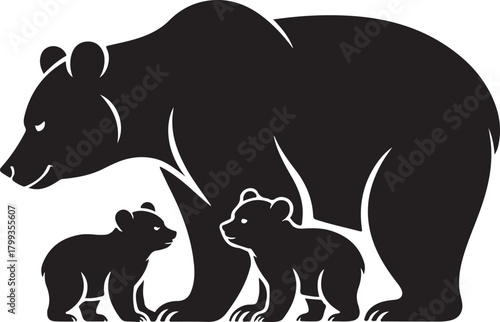 Silhouette of a mother bear with her two cubs