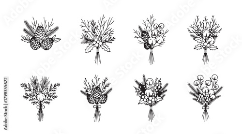 Collection of eight delicate botanical floral bouquets in a charming silhouette style