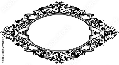 Elegant ornate oval frame with decorative scrolls and banners, perfect for vintage invitations, premium branding, or sophisticated design projects.