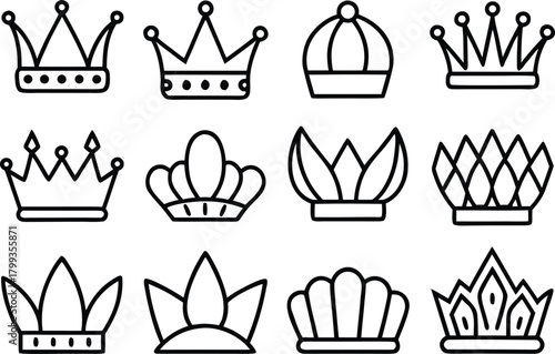 Collection of stylized line art crown icons, symbolizing royalty and leadership
