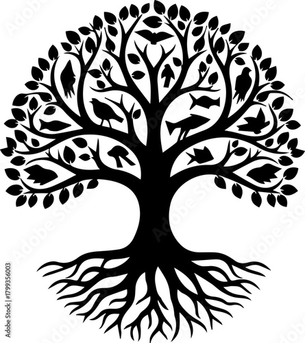Symbolic Tree of Life silhouette showcasing diverse fauna and flora, representing nature's interconnectedness and growth, ideal for spiritual or ecological themes.