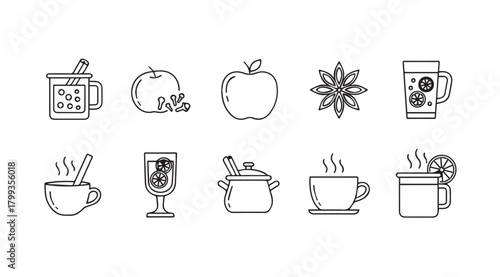 Collection of hand drawn winter drink and food icons silhouette