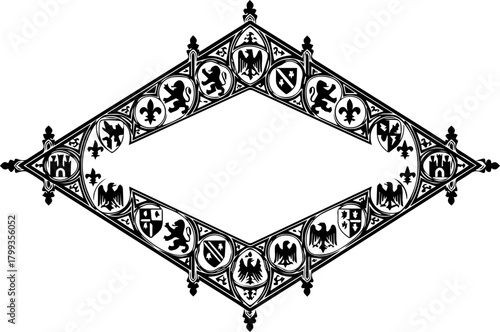 Elegant heraldic crest ornate diamond frame with lions eagles shields and fleur de lis for royal branding or vintage design projects