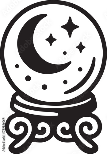 A mystic crystal ball with celestial design rests on an ornate stand, it invites to unravel mysteries and discover the future. 