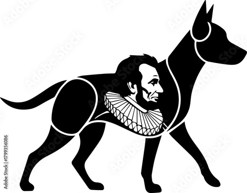 Surreal black and white silhouette of a dog with Abraham Lincoln's head emerging from its chest, a striking visual metaphor for leadership and loyalty.