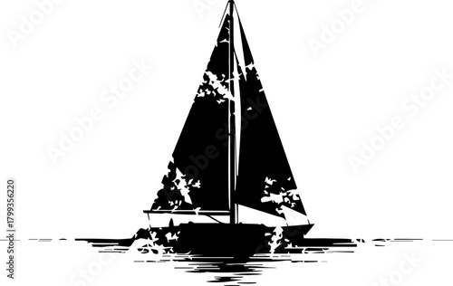 Dynamic sailboat silhouette glides across water with textured sails, evoking freedom and adventure on the open sea.