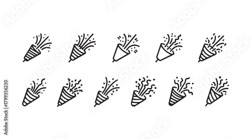 Collection of hand drawn party poppers exploding with confetti silhouette