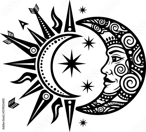 Mystical sun and moon celestial art, cosmic balance, spiritual journey, divine feminine masculine energy, abstract zodiac astrology symbol, ancient wisdom