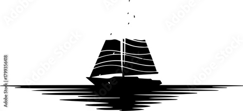 Elegant sailboat glides across serene water reflecting its majestic silhouette creating a peaceful maritime journey