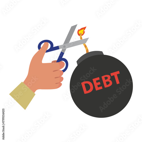 Business hand scissors to cut debt bomb.