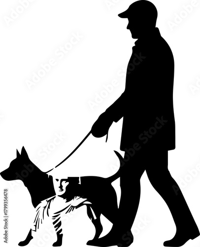 Confident man walking his energetic dog on a leash through a park, enjoying a crisp morning stroll together