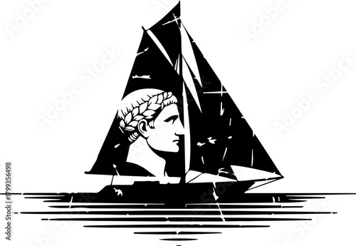 Majestic sailboat silhouette features classical profile portrait, evoking ancient journeys and timeless adventure across stylized waters