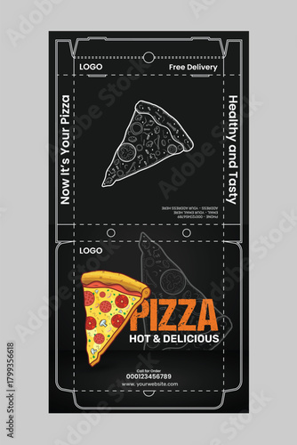Pizza box diecut template and pizza label design vector illustration