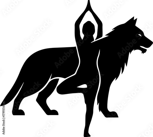 Dynamic silhouette of a person in tree pose atop a powerful wolf, symbolizing strength, balance, and nature's connection, ideal for wellness brands.