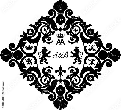 Elegant black and white ornate crest design with lions crowns initials and floral elements perfect for branding or luxury decor applications