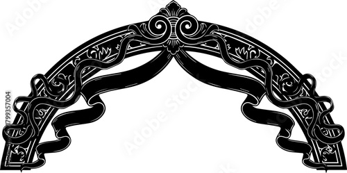 Elegant ornate archway with flowing ribbons and intricate scrollwork design, perfect for invitations and decorative banners