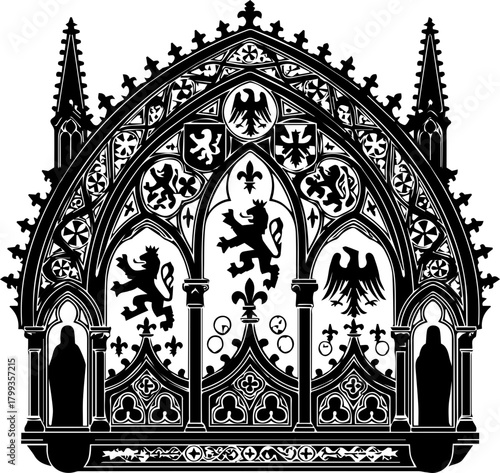 Intricate gothic archway design featuring heraldic crests and statues, showcasing historical architectural grandeur and symbolic power for elegant branding.