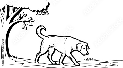 Loyal dog explores grassy landscape beneath a leafy tree, embodying companionship and outdoor adventure with simple, elegant linework perfect for storytelling.