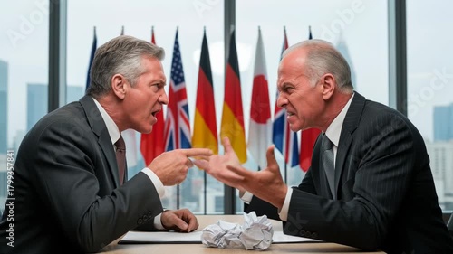 Two business professionals engage in a heated discussion at an office meeting with international flags in the background