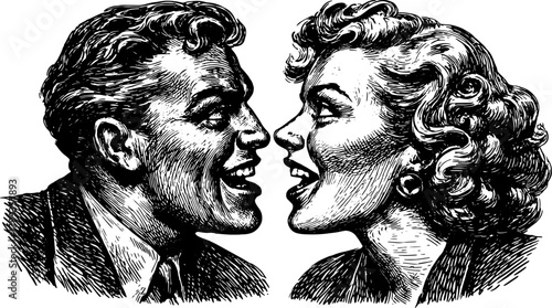 Couple illustration featuring smiling faces in black and white. Vintage vector artwork conveying happiness in a classic style.