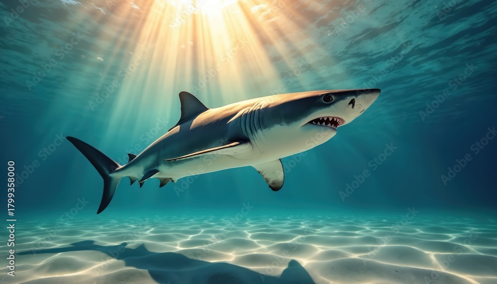 Fototapeta premium Great white swims in ocean under sunlight. Predator floats above sea sand. Marine life of dangerous fish in wild. Deep blue sea water and animal.