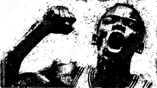 Youthful expression of anger with a raised fist. Strong black and white vector illustration capturing emotion and determination in a powerful portrait.