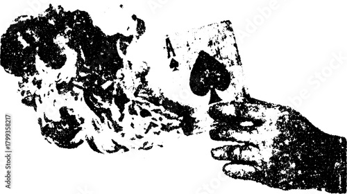Ace of spades card held in hand with smoke and fire effects. Black and white vector illustration showcasing a dramatic theme.