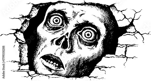 Engraving of a face with wide eyes breaking through a wall. Vintage black and white vector illustration with dramatic expression and detailed texture.