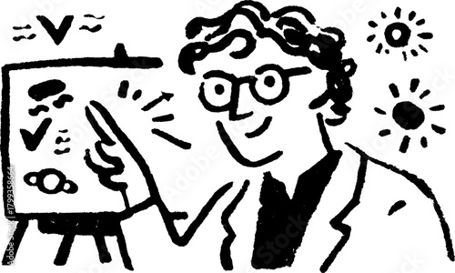 Cartoon scientist character pointing at a board with a diagram. Black and white vector illustration showcasing a simple design.
